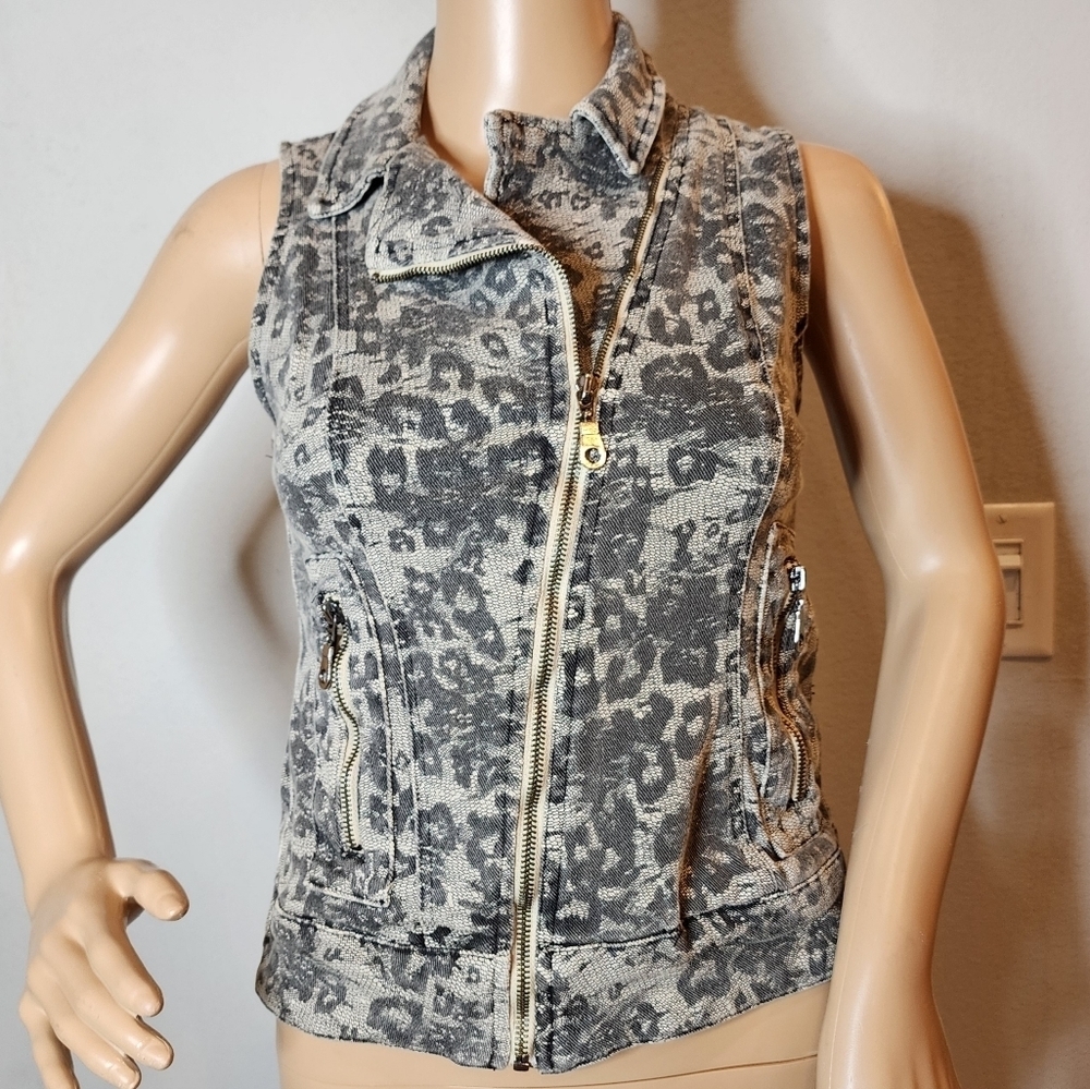 Kill‎ City Grey Denim Leopard asymmetrical zip vest.